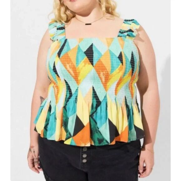 Torrid Peplum Crinkle Gauze Smocked Tank Top Geometric Multi-Color tank Size 4X - Picture 7 of 7